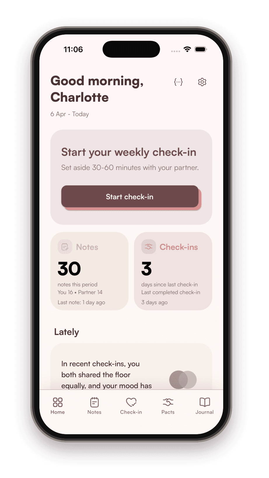 The app's home screen with a Start check-in button and a reminder to set aside 30 to 60 minutes with your partner.